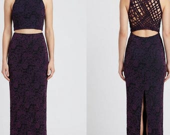 Indah Purple Cutout Maxi Dress S Open Lattice Back Floral Resort Evening Gown