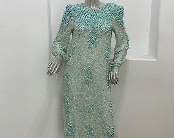 Vestido midi vintage de seda con cuentas de Judith Ann Creations, color azul, talla XS.