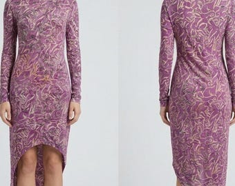 Indah Salju バティック オーキッド ハイ ロー ドレス S 長袖 非対称 NWT