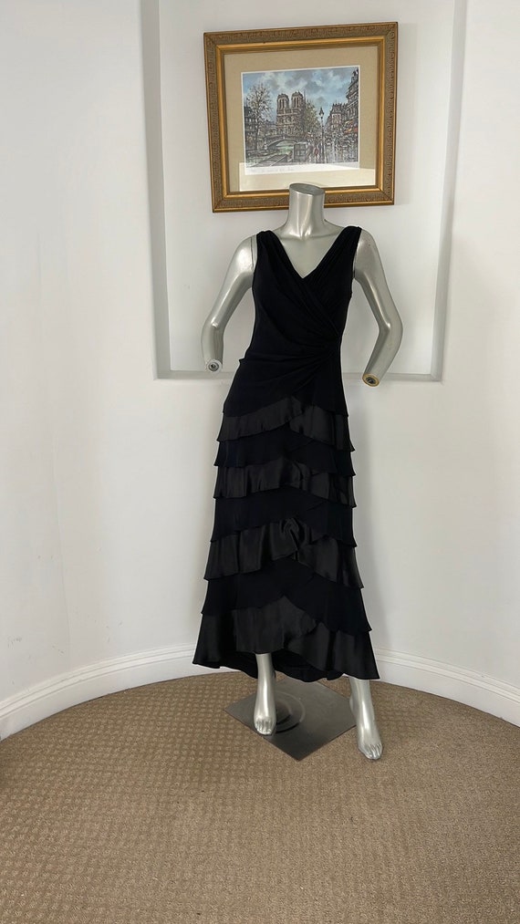 TADASHI  Vintage 1990’s Tiered Black Maxi Silk Dre