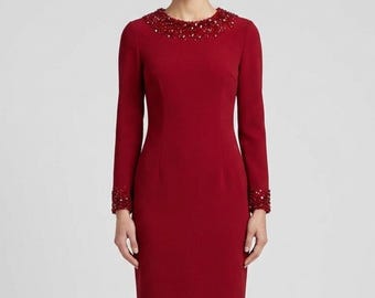 Sachin & Babi AHLUWALIA Red Beaded Sheath Brice Dress Long Sleeve Sz 4 Cocktail