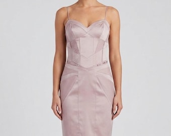 Karen Millen Satin Corset Pencil Dress Blush Lace Up Back Midi UK12 US8