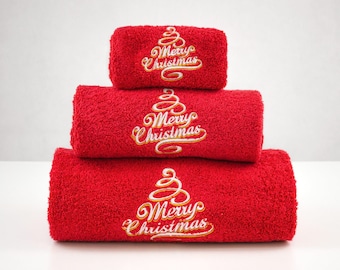 Lot de 3 serviettes de bain rouges brodées - Réf. Merry Christmas