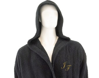 Personalized monogram and name hooded cotton terry toweling black bathrobe