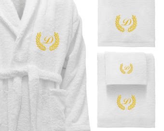 5* Hotel Edition White Set - Bathrobe, Bath Towels with Gold Thread Personalized