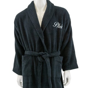 Personalized monogram and name shawl collar cotton terry toweling black bathrobe