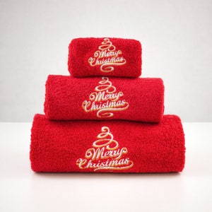 Merry Xmas Set of 3 embroidered red bath towels – Ref. Merry Christmas