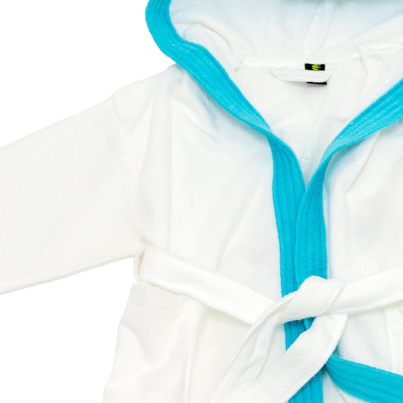 WHITE AND BLUE PERSONALIZED KID`S LAMINATED TERRY COTTON HOODED BATHROBE