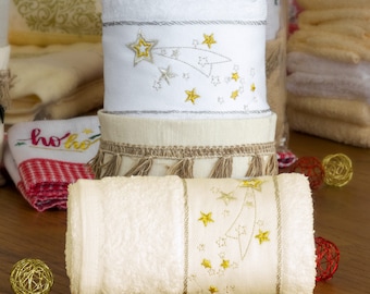 Pack of 2 embroidered Christmas terry kitchen tea towels dish cloths - Ref. Xmas Star - With linen basket