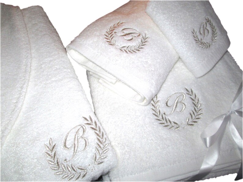 5* Wedding White Set - Bathrobe, Bath Towels with Silver Thread Personalized 