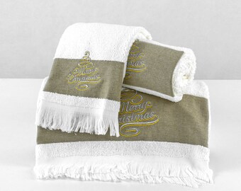 Top Quality White Xmas Bath Towels Set - Ref. Linen Christmas