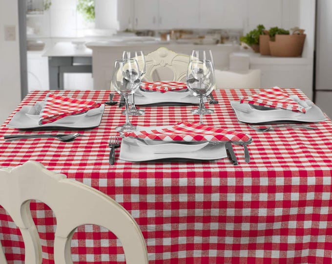 Pizzeria Chess Tablecloth – Rectangle - 100% Cotton - Red and White Squares