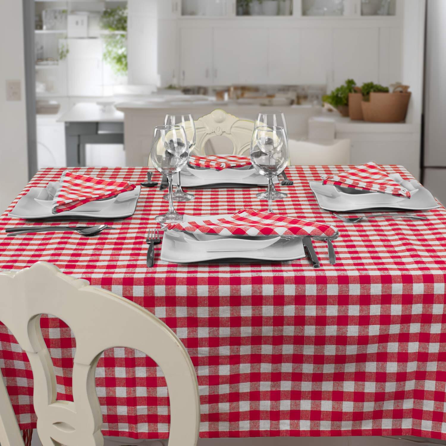 Pizzeria Chess Tablecloth – Rectangle - 100% Cotton - Red and White Squares
