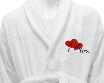 Valentines Day Gift Him / Her Personalized Bath Robe Shawl Collar White Bathrobe - Ref. I Love You