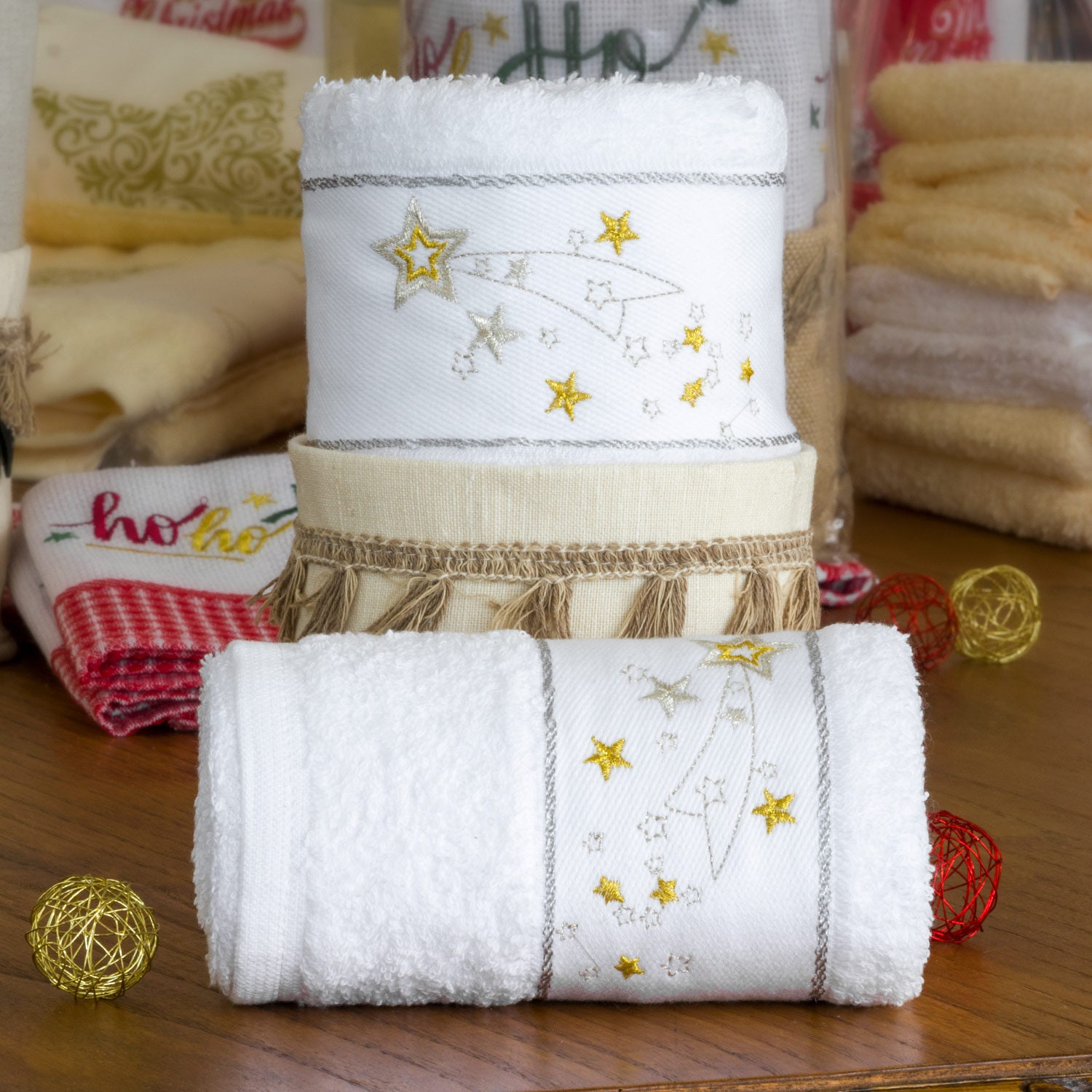 Pack of 2 Embroidered Christmas Terry Kitchen Tea Towels Dish Cloths Ref.  Xmas Star With Linen Basket 