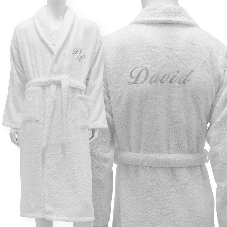 Personalized White Bathrobe Hotel Spa Edition Shawl Collar Silver Monogram image 2