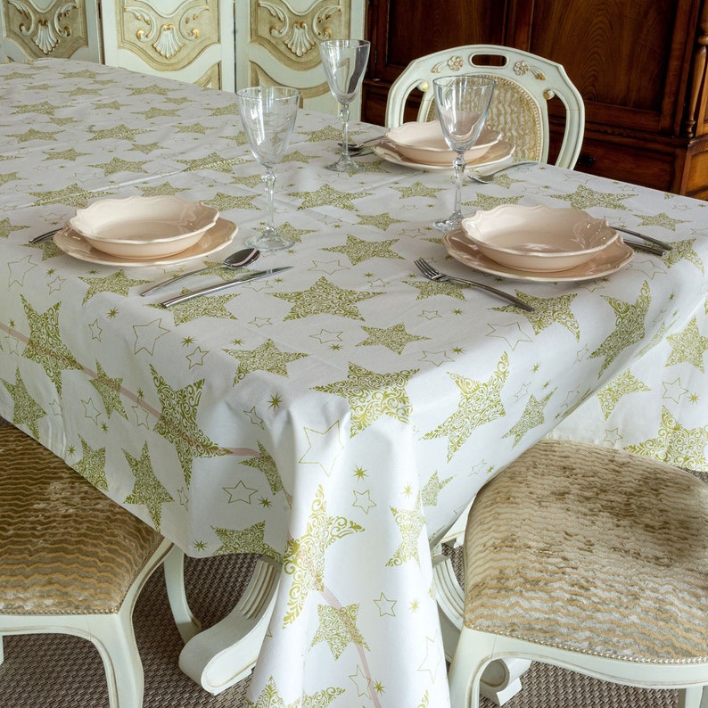 Gold Star Xmas Beige Tablecloth \u2013 100/% Cotton