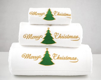 Merry Xmas Set of 3 embroidered white bath towels – Ref. Red Christmas Tree