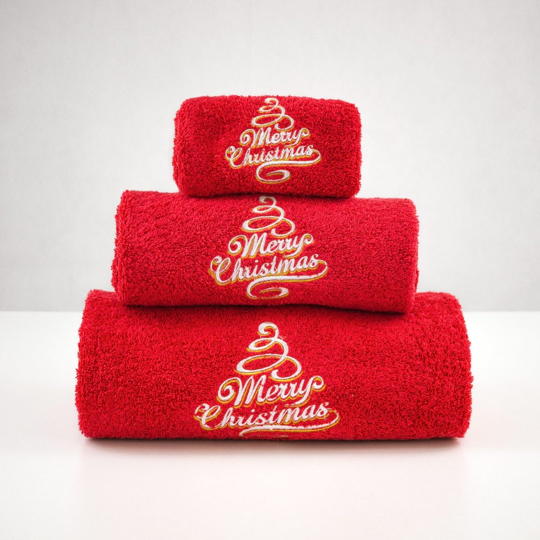Merry Xmas Set of 3 Embroidered Red Bath Towels Ref. Merry - Etsy