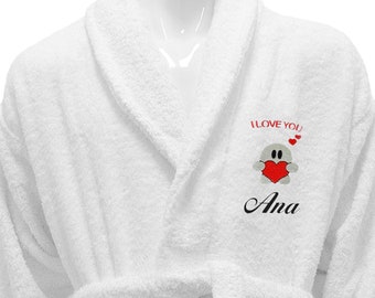 Valentines Day Gift Him / Her Personalized Bath Robe Shawl Collar White Bathrobe