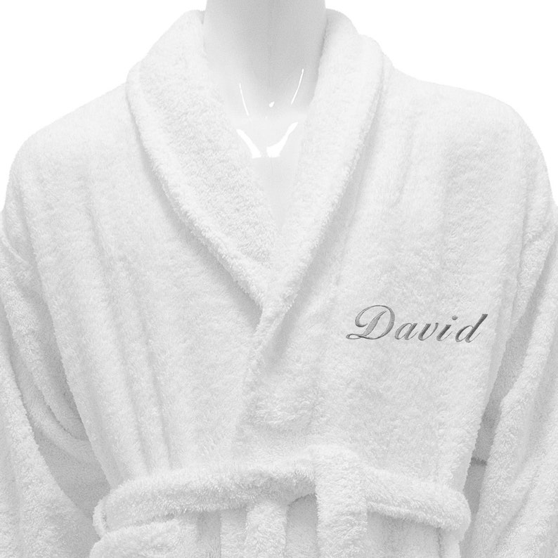 Personalized White Bathrobe Hotel Spa Edition Shawl Collar Silver Monogram image 5