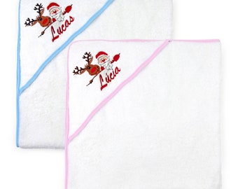 Xmas Personalized Christmas Gift Embroidered Hooded Baby Towel - White and blue / pink