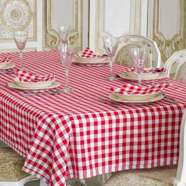 Pizzeria Chess Tablecloth – Rectangle - 100% Cotton - Red and White Squares