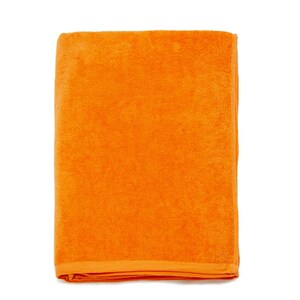 May include: A bright orange beach towel made of soft terry cloth. The towel is folded in half and is ready for use.
