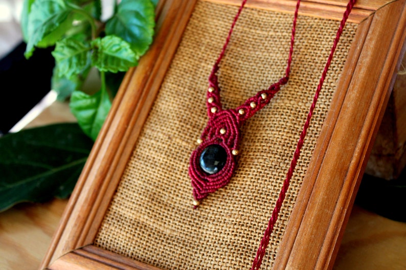 red color with brass beads Golden obsidian Macrame necklace with semi-precious stone Obsidian gold Garnet macram\u00e9 pendant