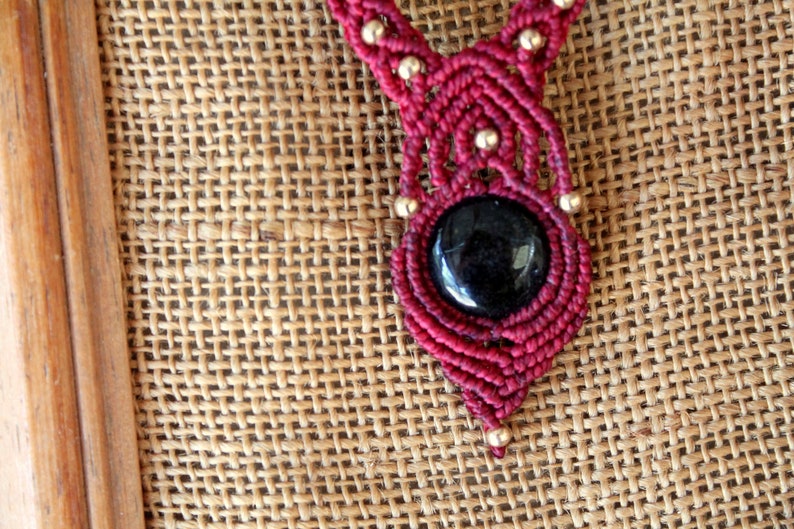 red color with brass beads Golden obsidian Macrame necklace with semi-precious stone Obsidian gold Garnet macram\u00e9 pendant