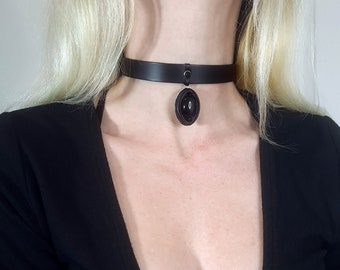 Leather choker for women - black stone necklace - occult jewelry pagan witch talisman