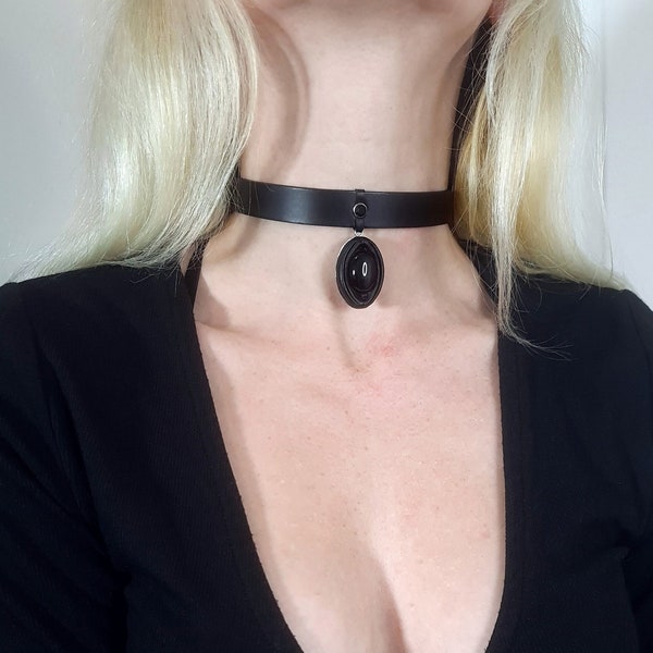 Choker en cuir pour femme et pierre noire, collier ras de cou noir, bijoux onyx païen et ésotérique