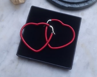 Red heart earrings - carmine puffy heart hoop earrings  - glam y2k earrings - romantic jewelry