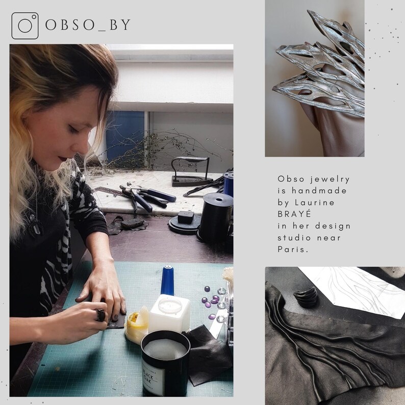 Puede incluir: Un collage que muestra a una persona creando joyas, un accesorio plateado texturizado y el texto: OBSO_BY, Obso jewelry is handmade by Laurine BRAYE in her design studio near Paris. El espacio de trabajo incluye herramientas, cuero y una vela.