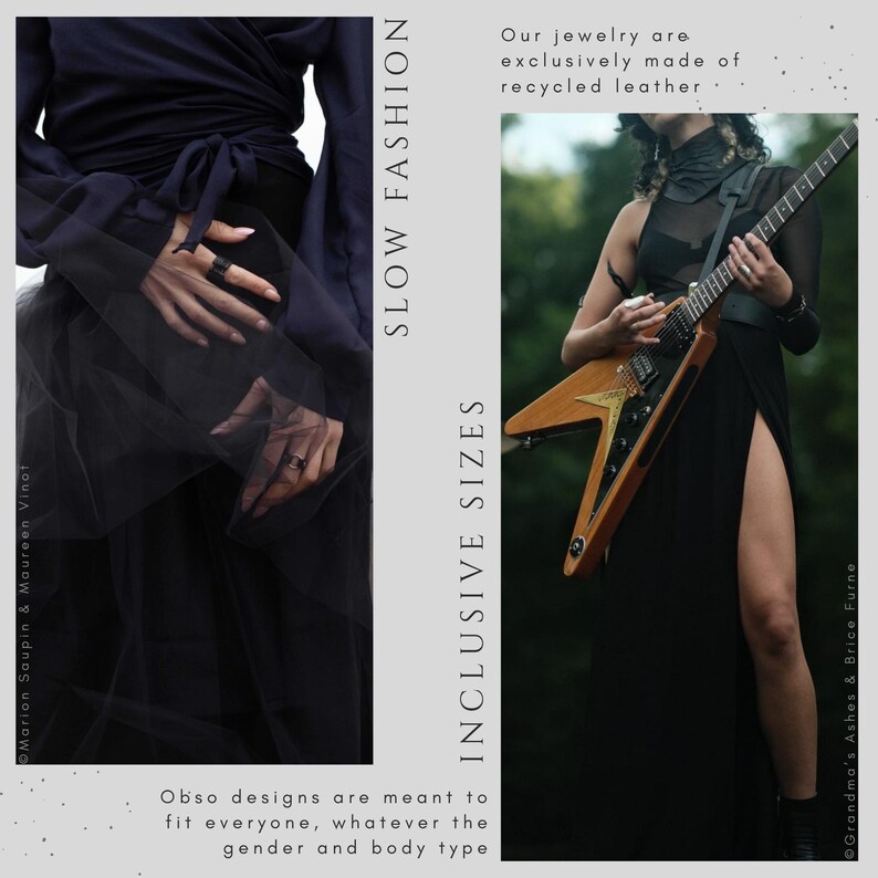 Puede incluir: Un top cruzado azul marino de manga larga y falda de tul negra, con anillos negros. Un vestido negro sin mangas de cuello alto con abertura lateral, usado con un arn&eacute;s de cuero negro mientras se toca una guitarra el&eacute;ctrica en V.