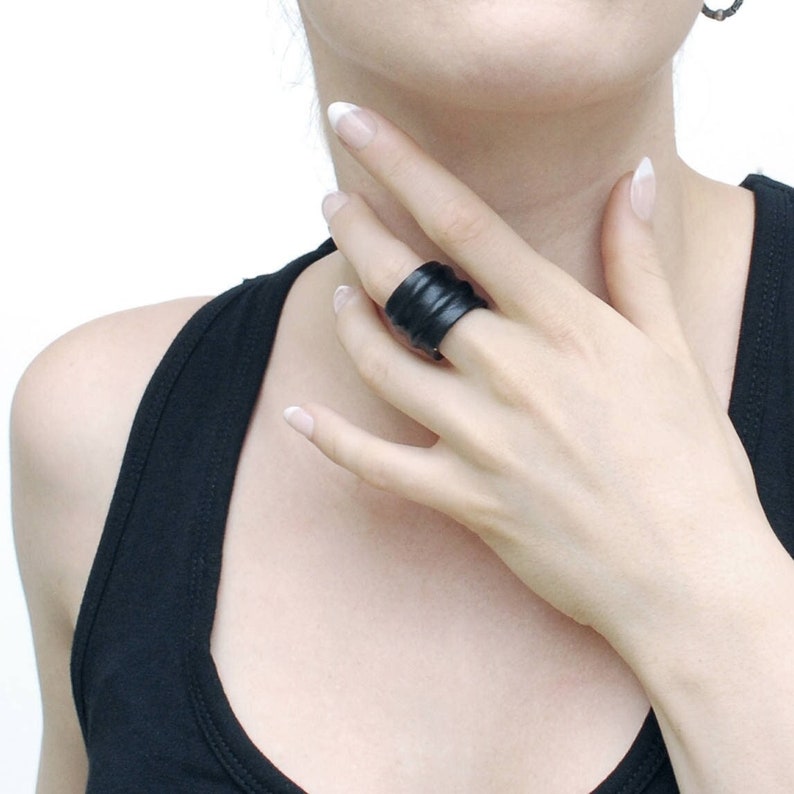 Leather rings for women and men avant garde leather jewelry black ring image 1