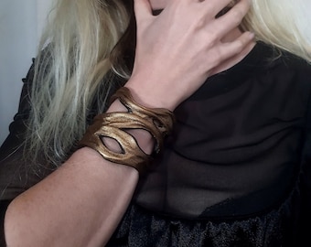 Gold metallic leather dainty bracelet - Wide adjustable Gold bracelet leather cuff - art nouveau jewelry