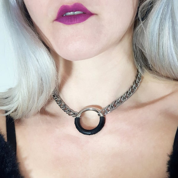 Dicke grobstrick Lederkette Choker Halsband und O-Ring | Kätzchen Kragen Gothic Halskette | y2k Gothic Punk Schmuck