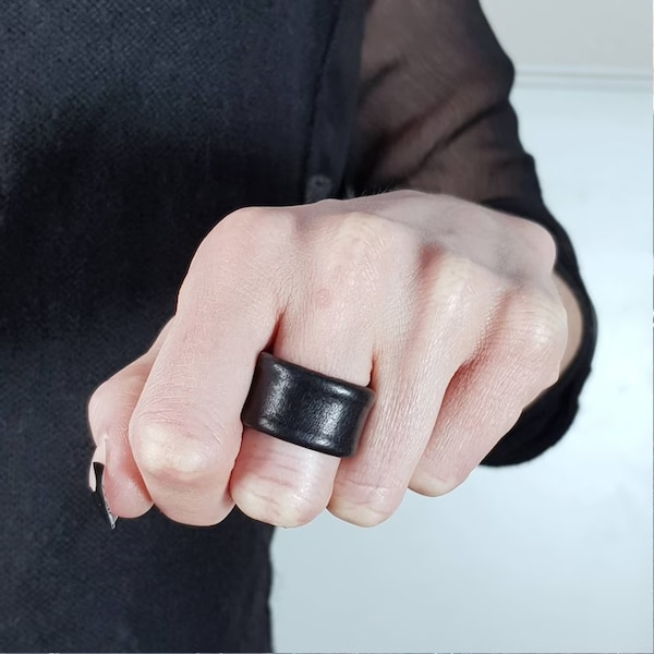 Bague en cuir noir pour homme et femme, bagues réglables en cuir recyclé pour lui ou pour elle