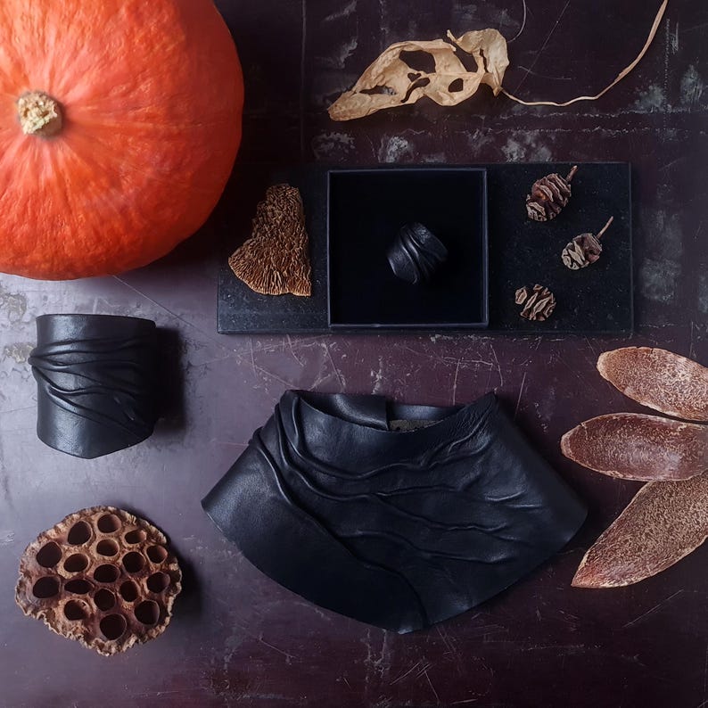Puede incluir: Una pulsera de cuero negro, un collar de cuero negro y un anillo negro en una caja cuadrada. Los art&iacute;culos presentan una textura plisada y ondulada uniforme. Est&aacute;n dispuestos junto a una calabaza naranja grande y elementos bot&aacute;nicos secos.