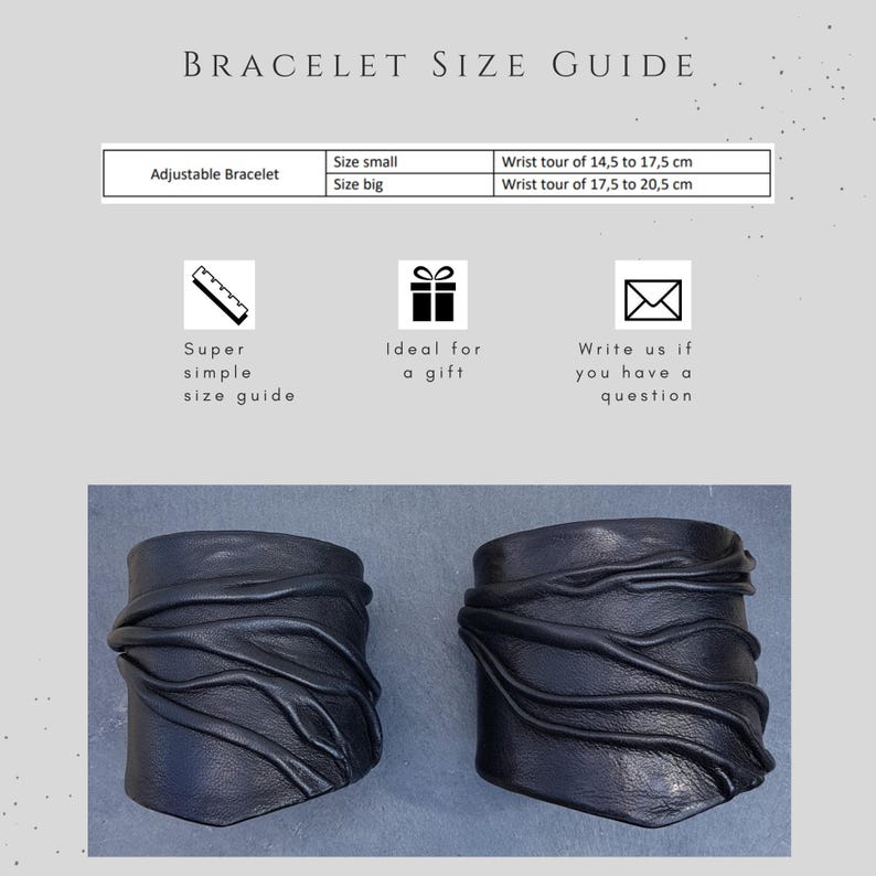 Puede incluir: Una gu&iacute;a de tallas de pulsera con texto e iconos, incluyendo una tabla para pulsera ajustable: talla peque&ntilde;a para 14,5 a 17,5 cm y talla grande para 17,5 a 20,5 cm. Debajo, dos pulseras de pu&ntilde;o negras texturizadas se muestran lado a lado.