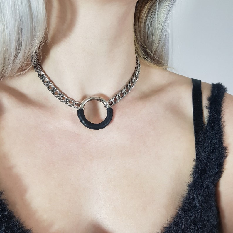 Leather chunky chain choker necklace and o-ring kitty collar gothic necklace y2k goth punk jewelry image 3