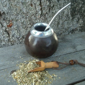 Mate Calabaza **Cured** ,  Dark brown  Gourd +  Straw + BONUS Spoon Yerba Mate - , Ready to use exquisite flavor, Argentina, Uruguay