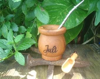 Personalized  Mate Cup - Traditional Algarrobo wood mate -Argentina - Cup - Straw - Spoon, Names, Initial. Mate Custom, Yerba Mate Argentina