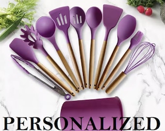 Personalized Cooking Utensils  Engraved Silicone kitchen Utensils Custom  Shovel Wooden Handle Cooking Set of 12  Christmas gift