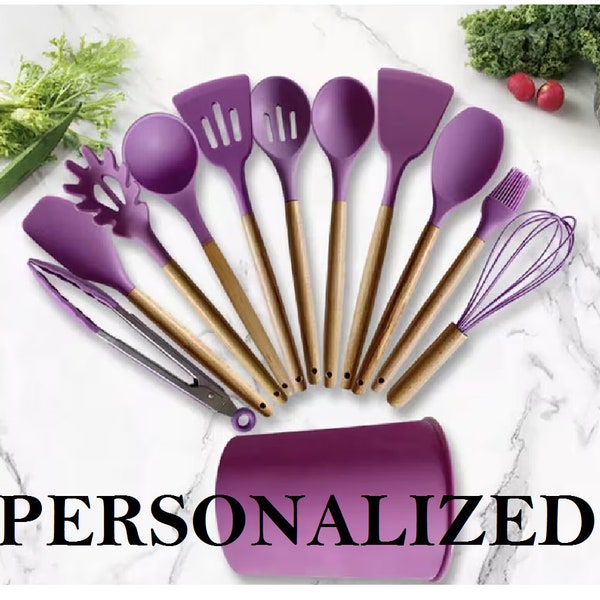 Personalized Cooking Utensils  Engraved Silicone kitchen Utensils Custom  Shovel Wooden Handle Cooking Set of 12  Christmas gift
