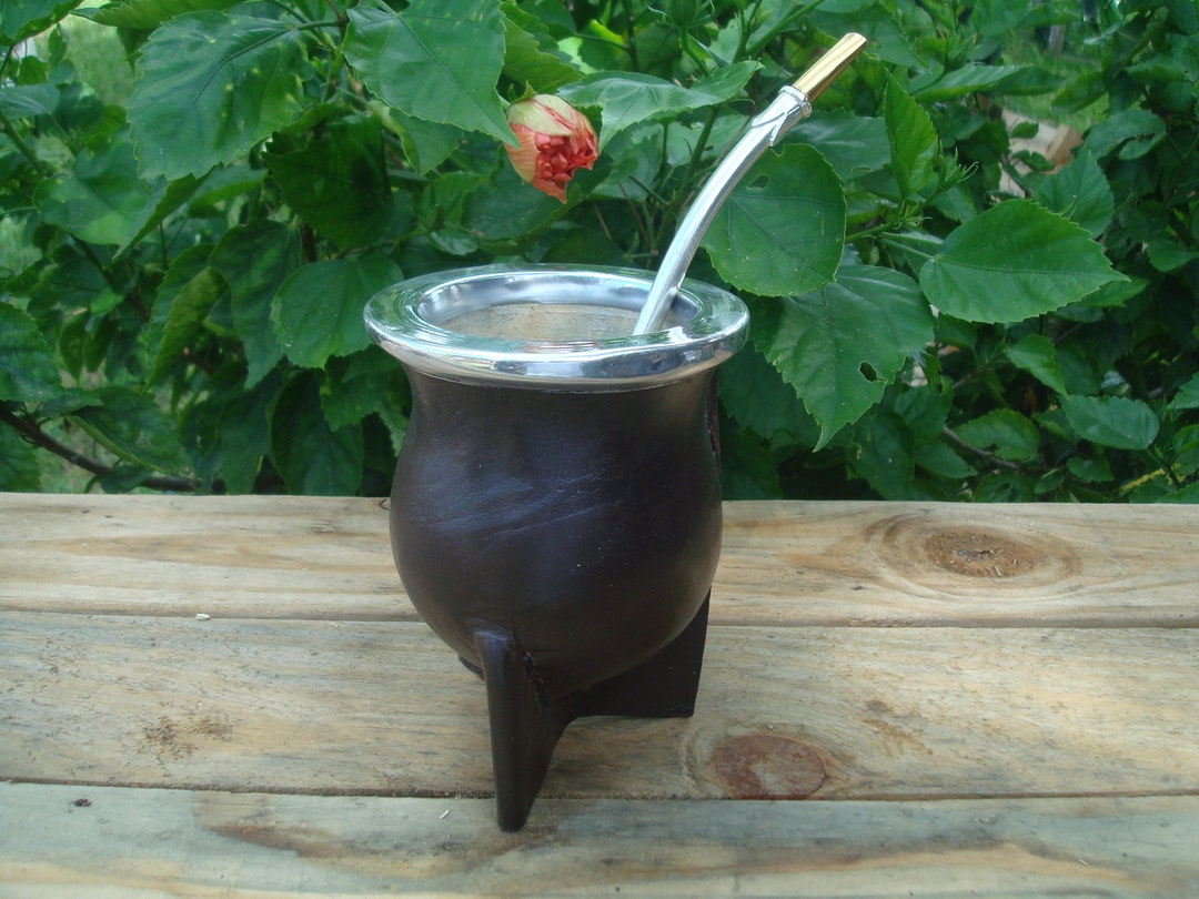 Straw Gold 18k Mate Vaqueta Uruguayo Bocon Mate Black Leather Wrapped