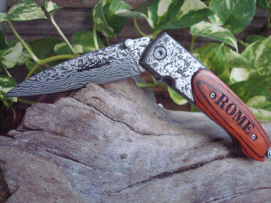 Personalized Knife Damascus ETCHING blade Engraved Pocket Etsy