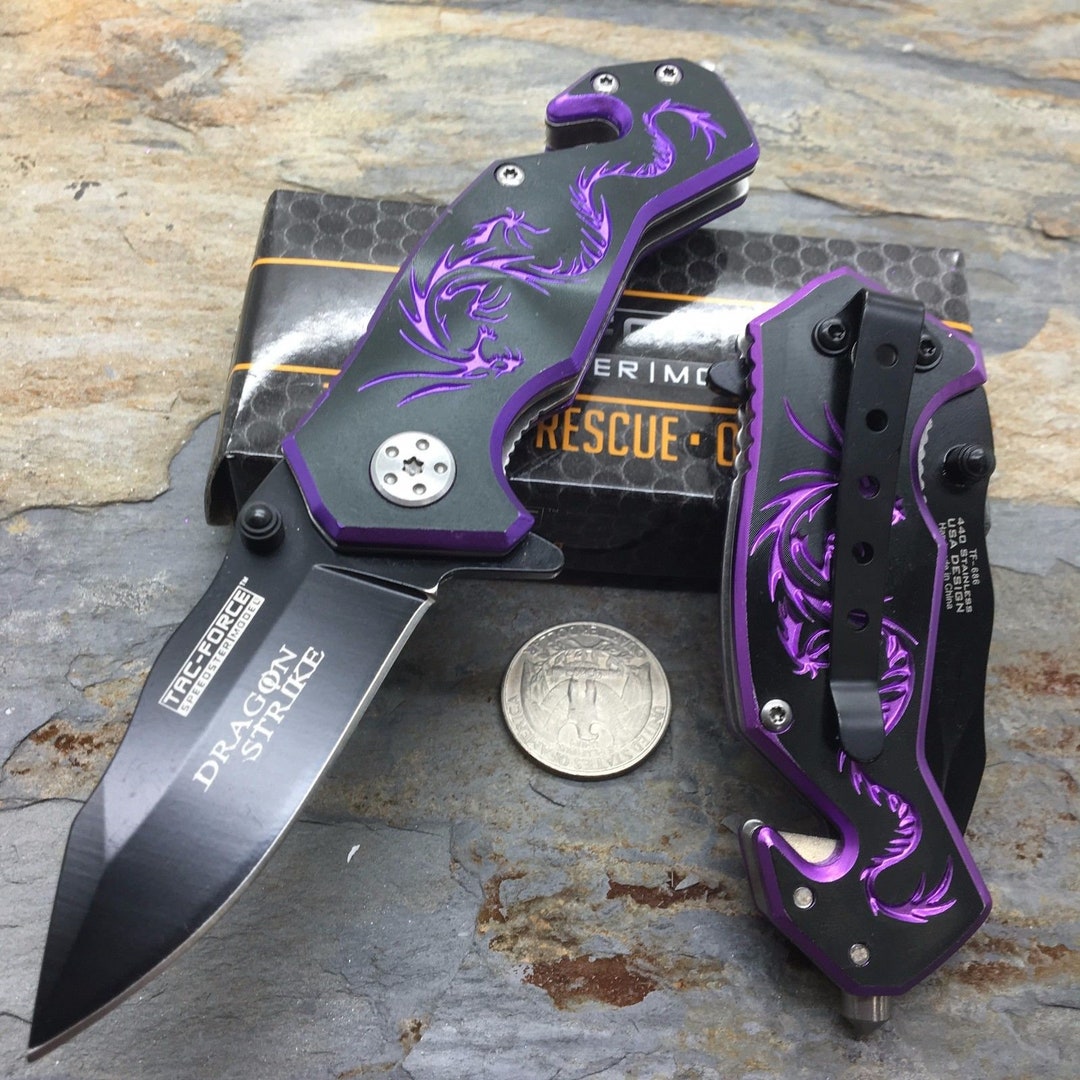 Tac Force Black Aluminum Handle W/ Purple Dragon Small Knife Dad