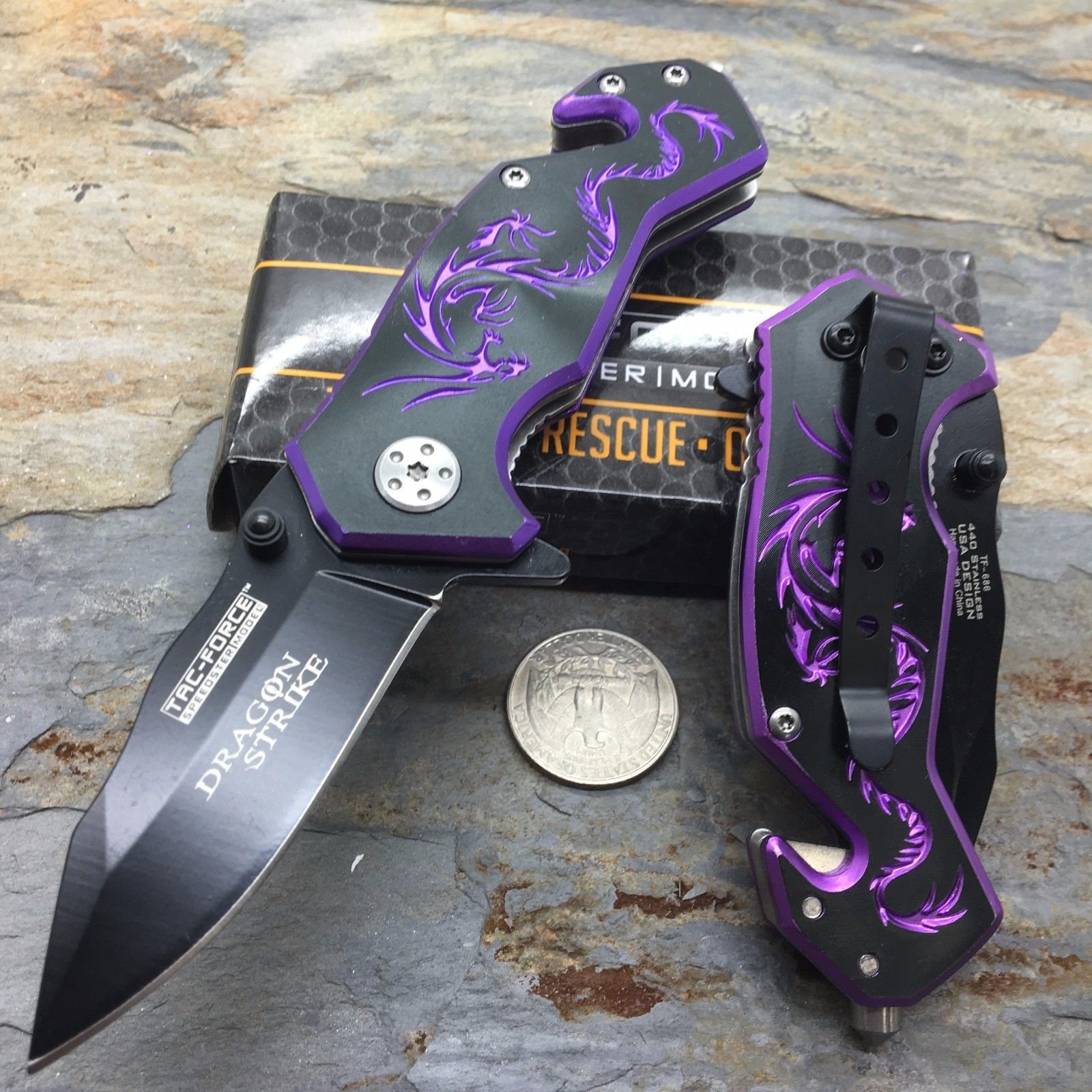 Tac Force Black Aluminum Handle w/ Purple Dragon Small Knife Dad, gifts  Daddy ,Knife NEW Gifts Man 686 -  日本